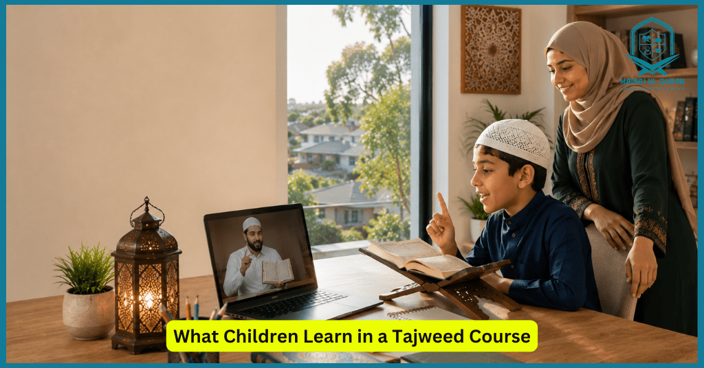Muslim children attending an online Quran class together at home during Australian school holidays with support from their family.