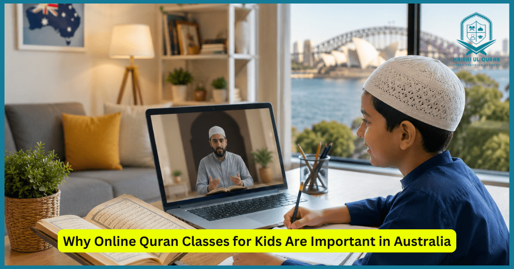 Muslim child learning Quran online with a teacher in Australia