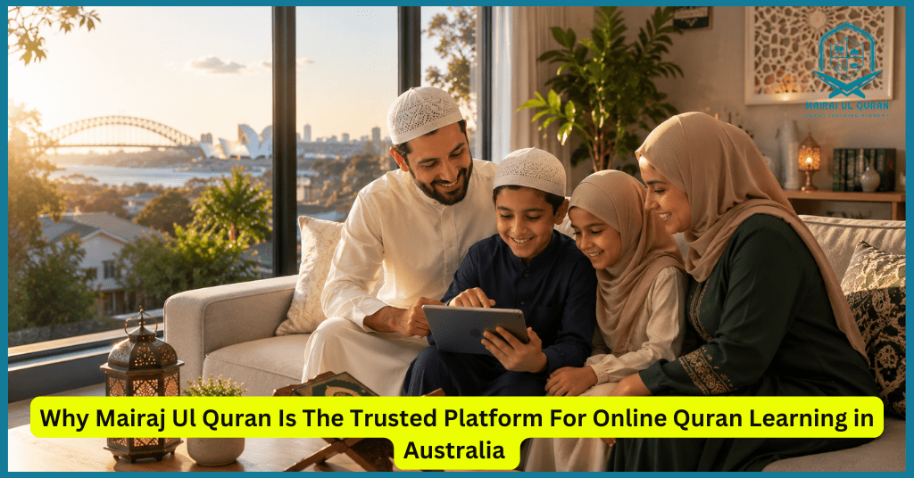 Muslim family in Australia supporting their children during an online Quran class at home in a warm and modern learning environment.